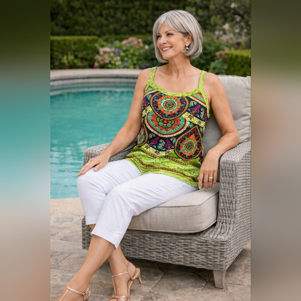 Soft Surroundings 100% Cotton Vibrant Green and Purple Print Knit Tank, Sz Large